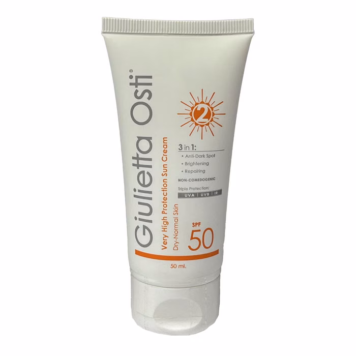 کرم ضد آفتاب بی رنگ جولیتا اُستی SPF 50 مدل 3 در 1 محافظ UVA ،UVB و PA+++،مناسب برای پوست معمولی و خشک حجم 50 میلی لیتر