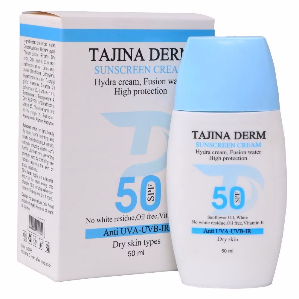 کرم ضد آفتاب بی رنگ تاجینادرم SPF 50 مدل Dry مناسب برای پوست خشک محافظ UVA/UVB حجم 50 میلی لیتر