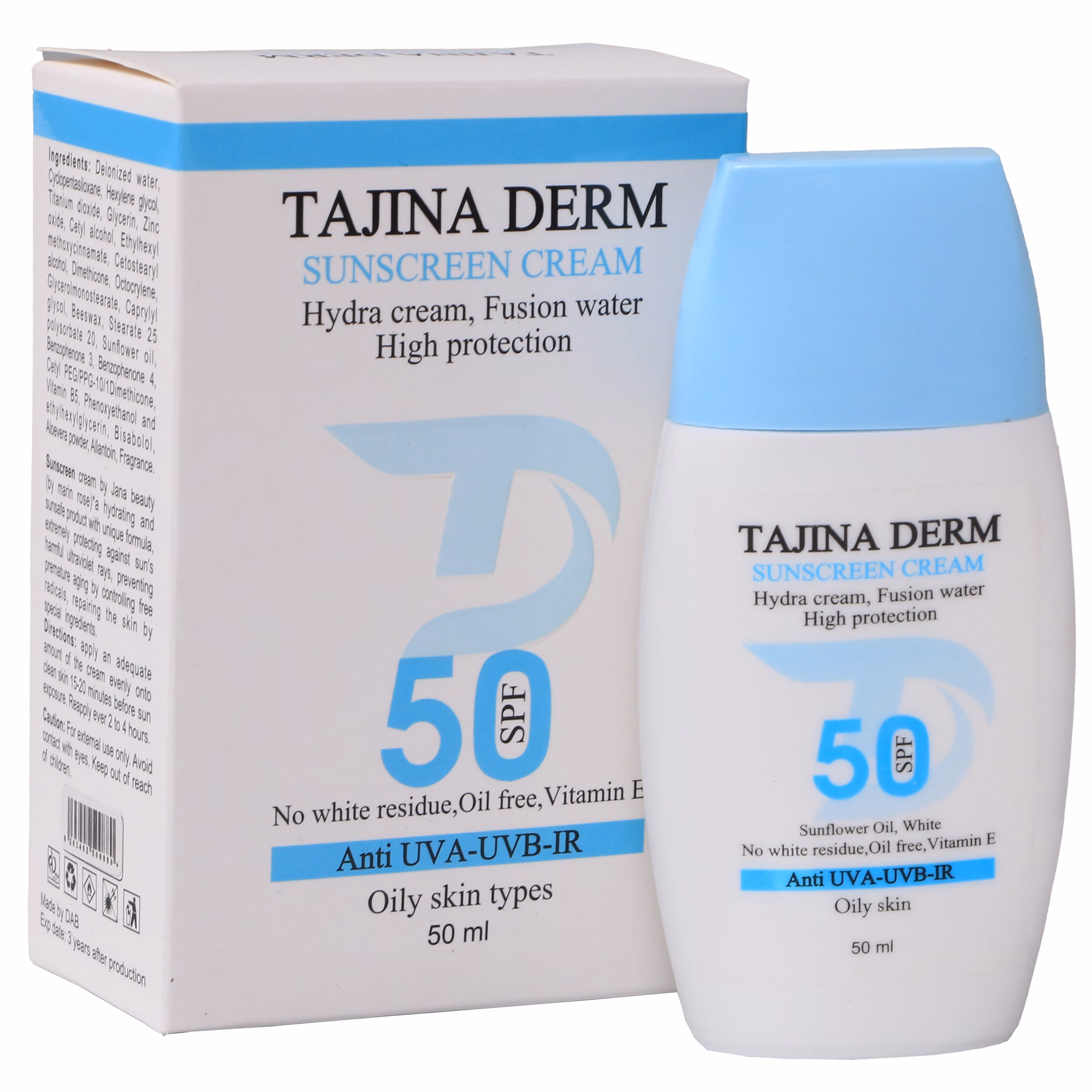 کرم ضد آفتاب بی رنگ تاجینادرم SPF 50 مدل oily محافظ UVA/UVB مناسب برای پوست های چرب حجم 50 میلی لیتر