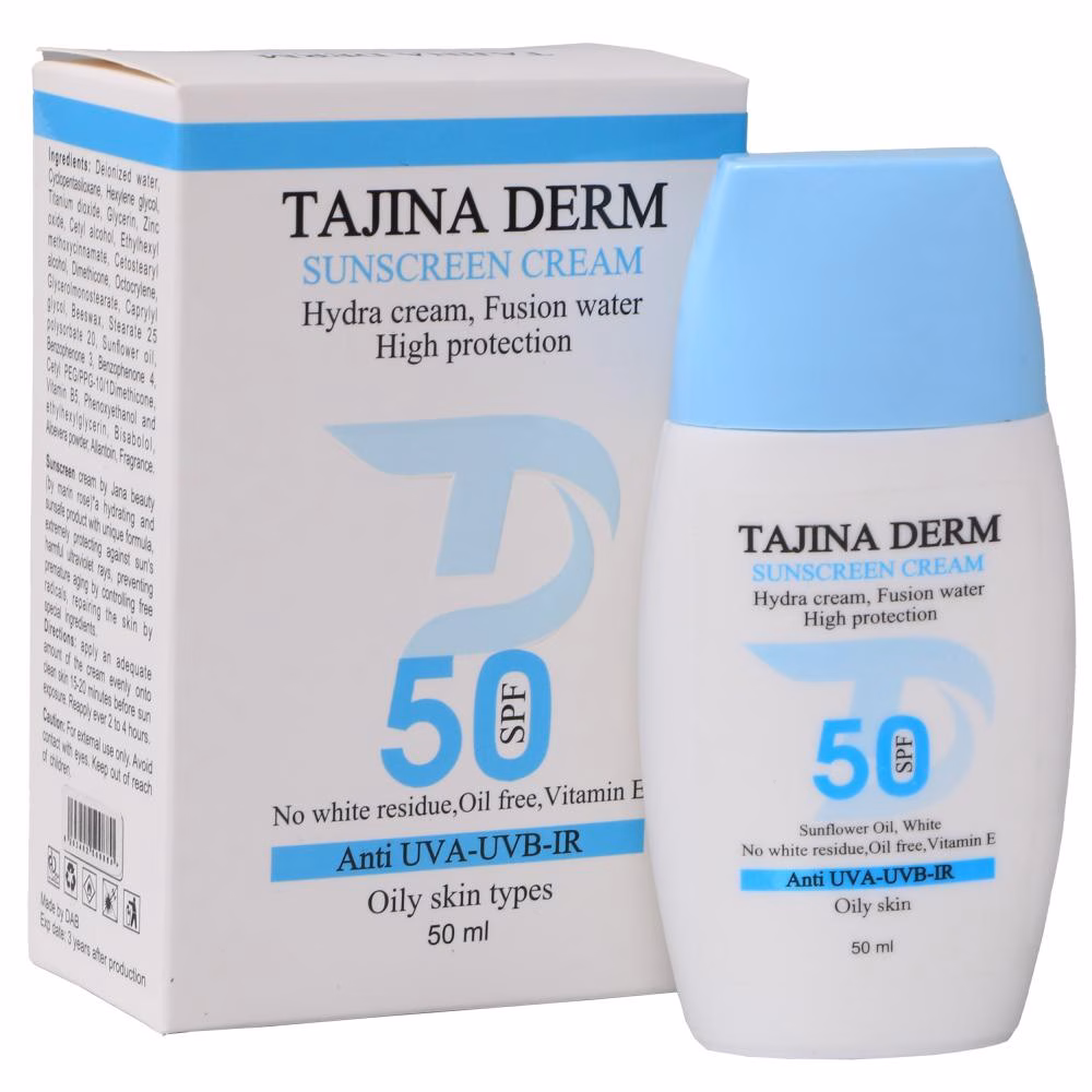 کرم ضد آفتاب بی رنگ تاجینادرم SPF 50 مدل oily محافظ UVA/UVB مناسب برای پوست های چرب حجم 50 میلی لیتر