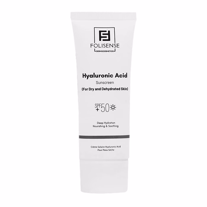 کرم ضد آفتاب بی‌رنگ صورت فولیسنس SPF 50 مدل هیالورونیک اسید محافظ در برابر UVA،UVB ‌مناسب برای پوست خشک و حساس حجم 40 میلی‌لیتر