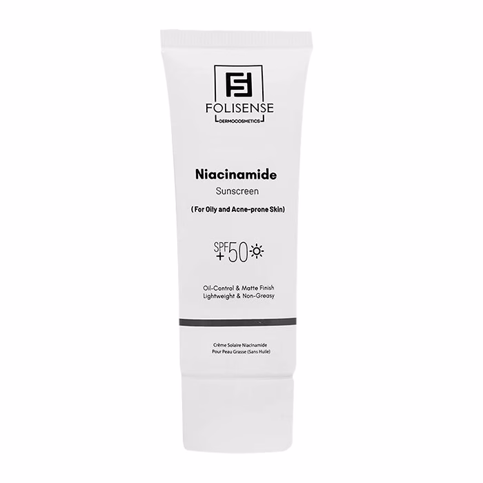 فلوئید ضد آفتاب بی‌رنگ صورت فولیسنس SPF 50 مدل نیاسینامید محافظ در برابر UVA/UVB ‌مناسب برای پوست چرب، مختلط، آکنه‌دار حجم 40 میلی‌لیتر