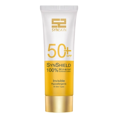 کرم ضد آفتاب بدون رنگ ساین اسکین SPF 50 مدل SYN Shield Mineral محافظ UVA ،UVB، ضد حساسیت، مناسب انواع پوست حجم 50 میلی لیتر